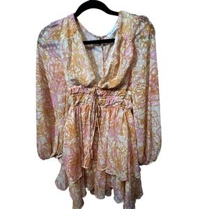 All About May Floral Print Mini Dress Long Sleeve Tiered Ruffle US 2‎